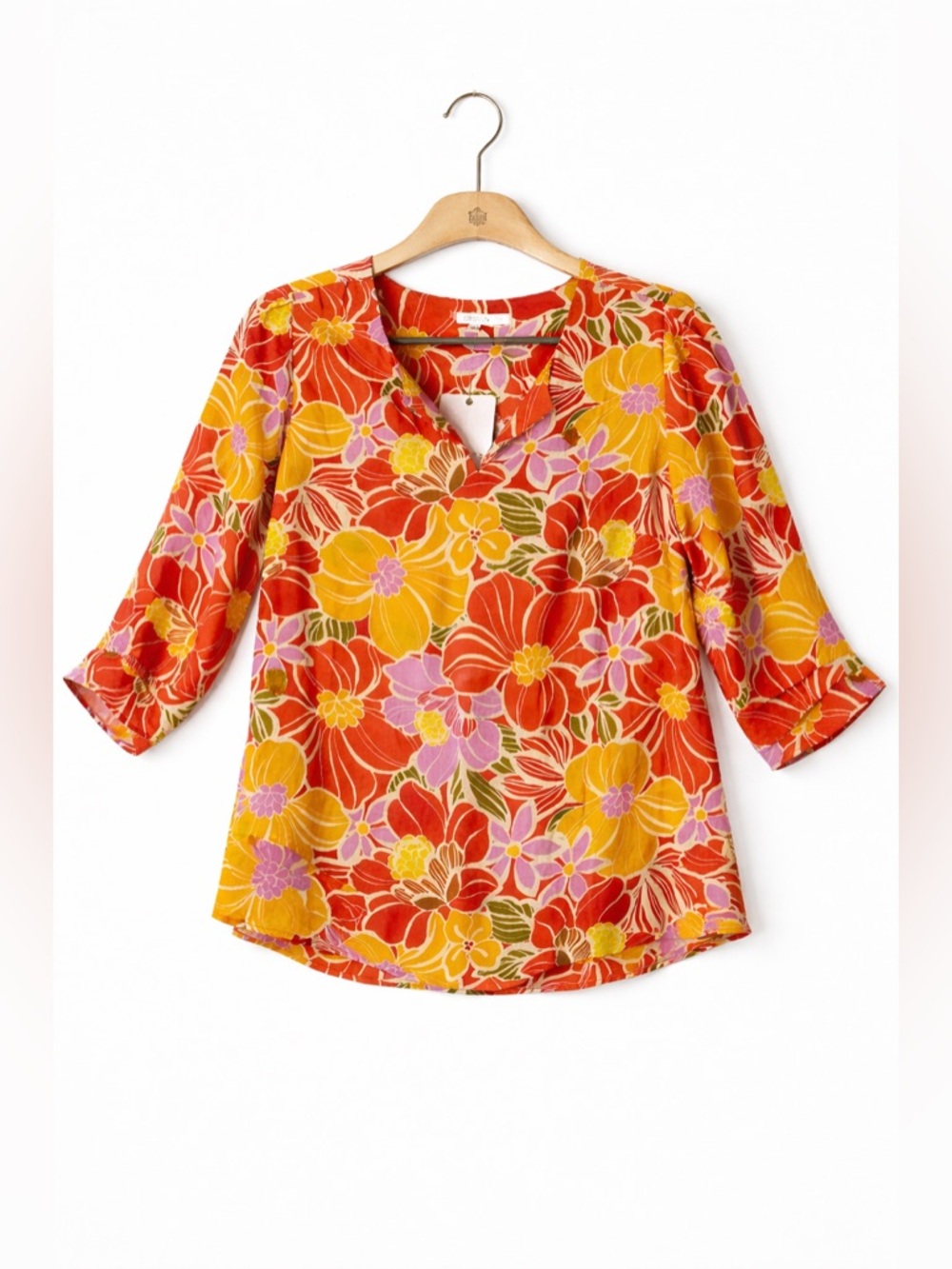 DR2 Vibrant Floral Split-Neck Blouse in Orange, Yellow & Pink NWT Tropical